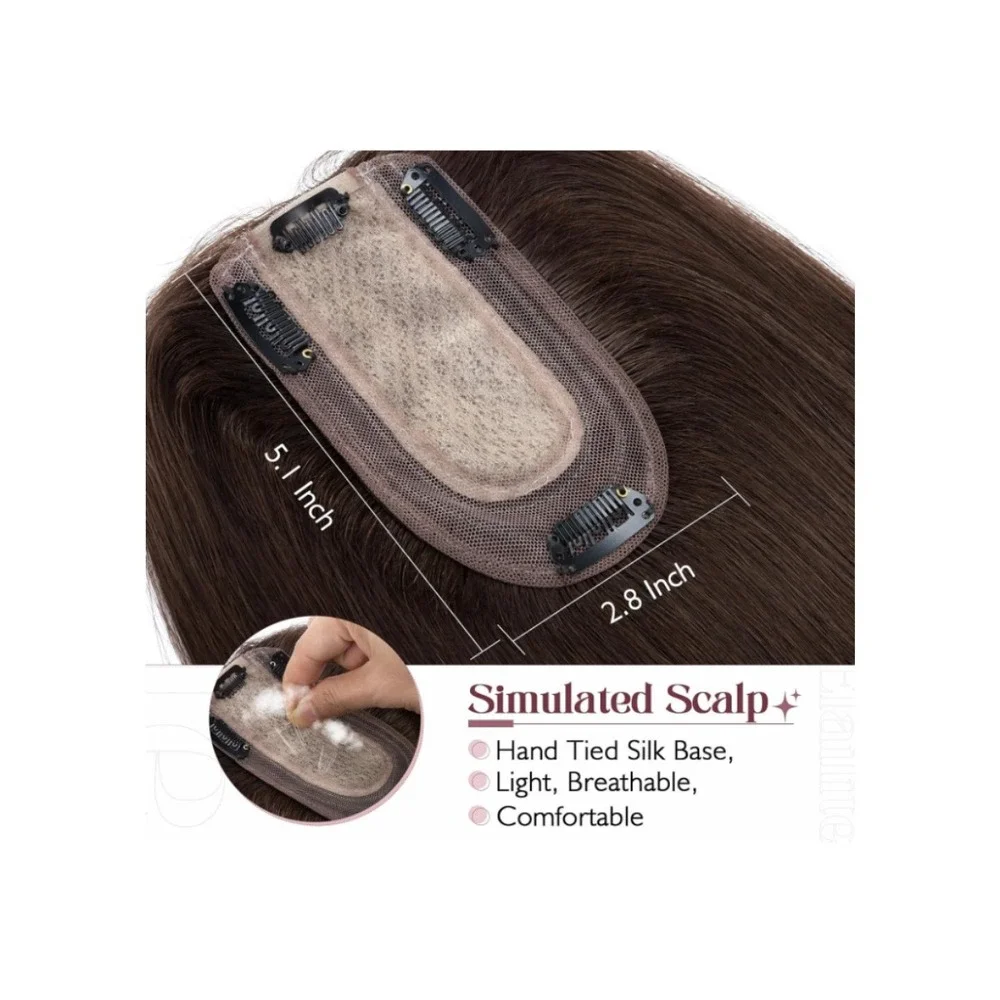 Real Human Hair Topper Women 6in Dark Brown Silk Base Clip In Hairpiece Brunette